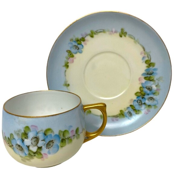 Vintage Tea Cup Saucer Moritz Zdekauer Austria Hand Painted Elegant Blue Floral - Picture 2 of 15